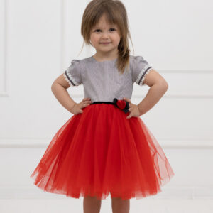 Sukienka z górą w biało-czarną pepitkę, z czerwonym tiulowym dołem