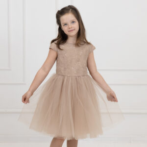 Beżowa sukienka z karczkiem w fantazyjne wzory